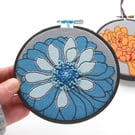 free motion and hand embroidered floral textile hoop original art turquoise blue