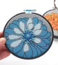 free motion and hand embroidered floral textile hoop original art turquoise blue - Image 1