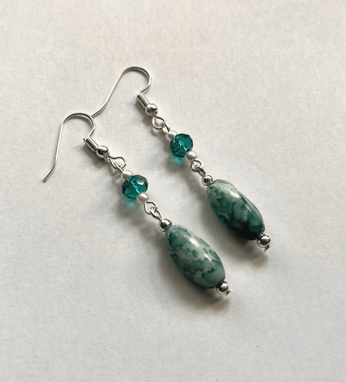 art Deco style drop earrings mottled turquoise bead ceramic oval womens 