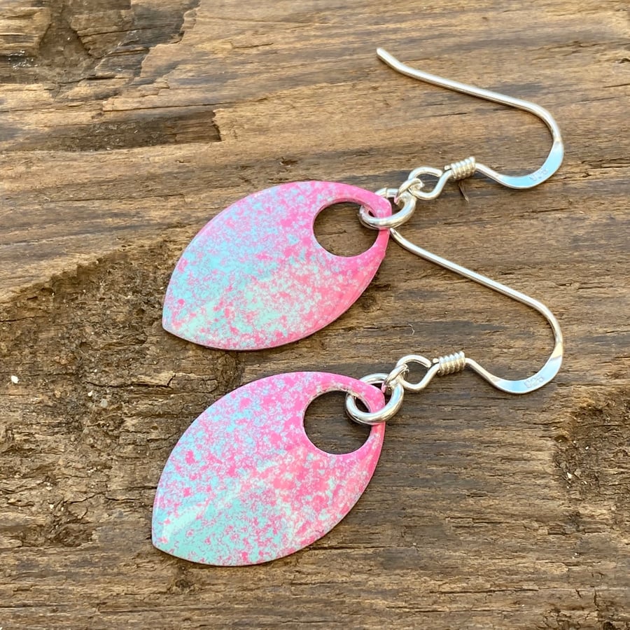 Pink and turquoise enamel scale earrings. Sterling silver. 