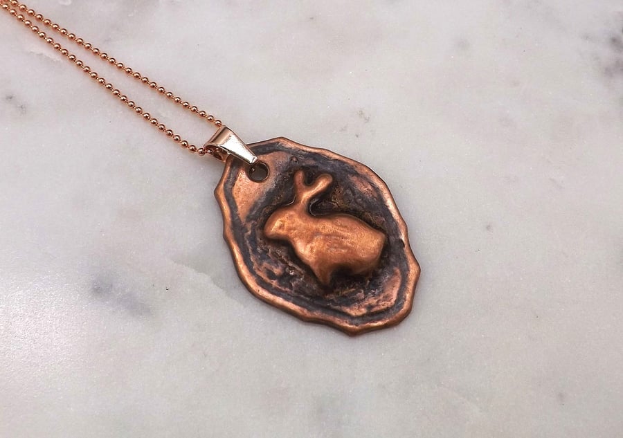 Recycled Copper Bunny Rabbit on Picture Frame Pendant Necklace.