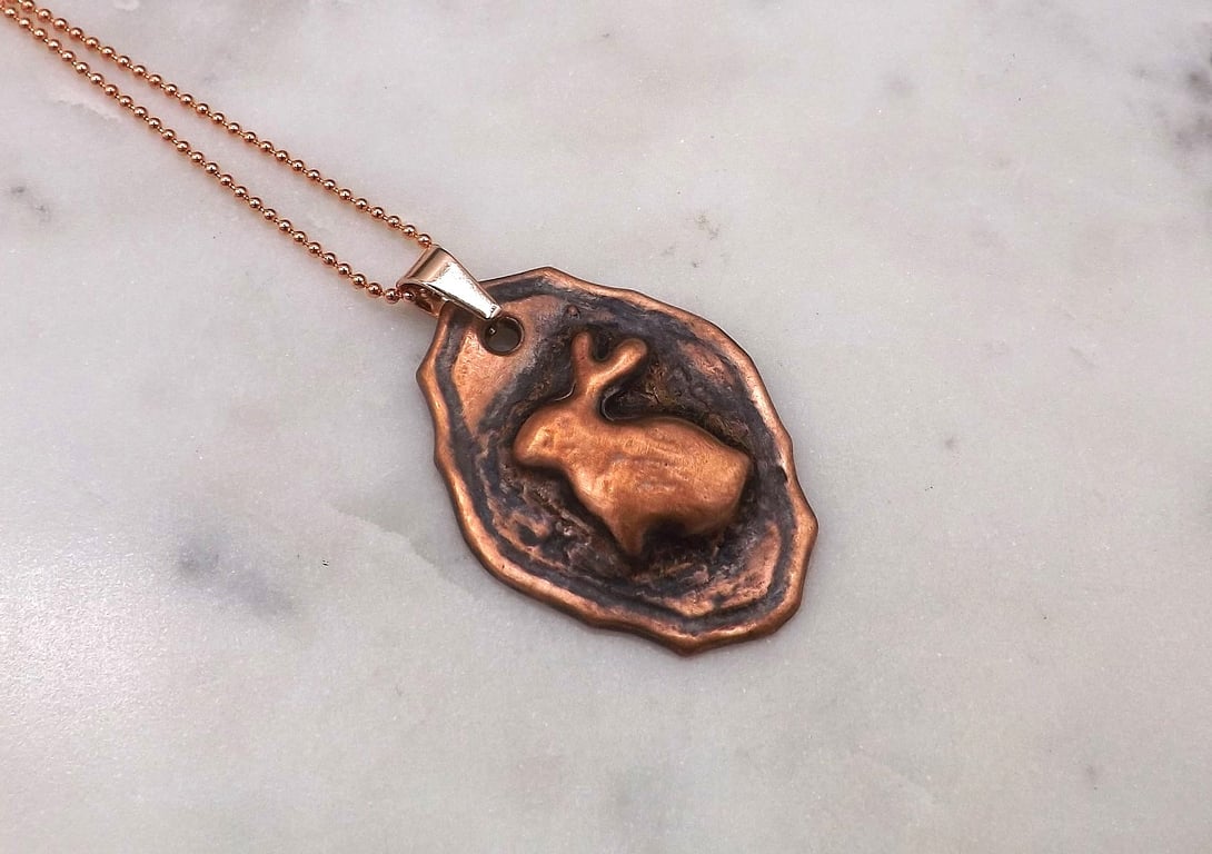 Recycled Copper Bunny Rabbit on Picture Frame Pendant Necklace.