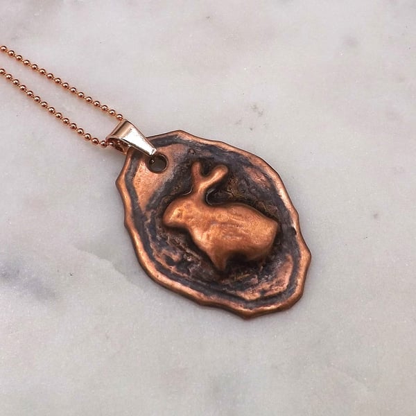Recycled Copper Bunny Rabbit on Picture Frame Pendant Necklace.
