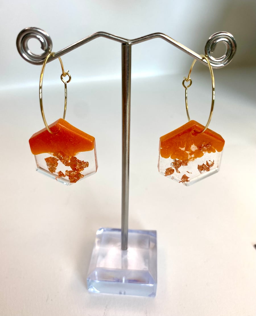Handmade  orange resin and copper flake hexagonal hoop earrings