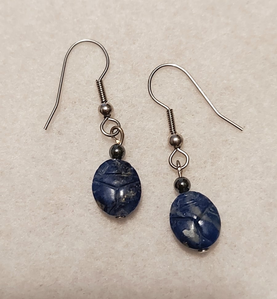 Carved Lapis Scarab & Hematite Earrings 