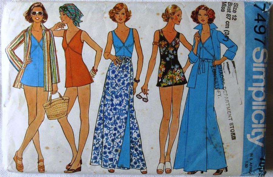 A sewing pattern for a bathing-suit, reversible wrap skirt and shirt in size 12