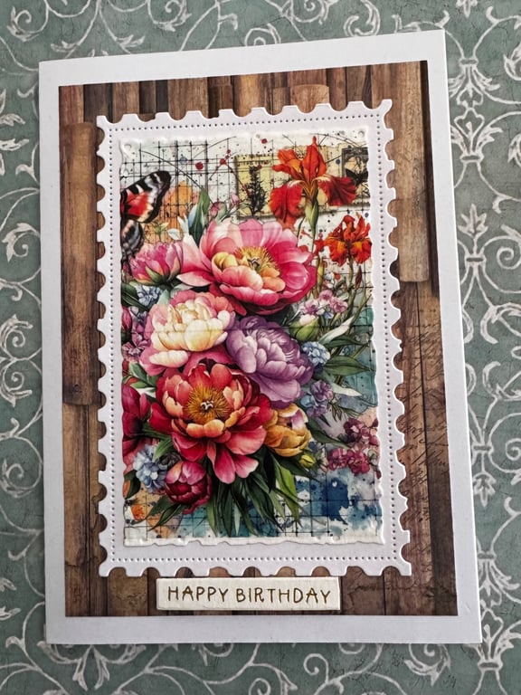  Handmade Vintage Floral Postage Stamp Birthday Card