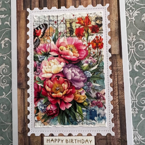  Handmade Vintage Floral Postage Stamp Birthday Card