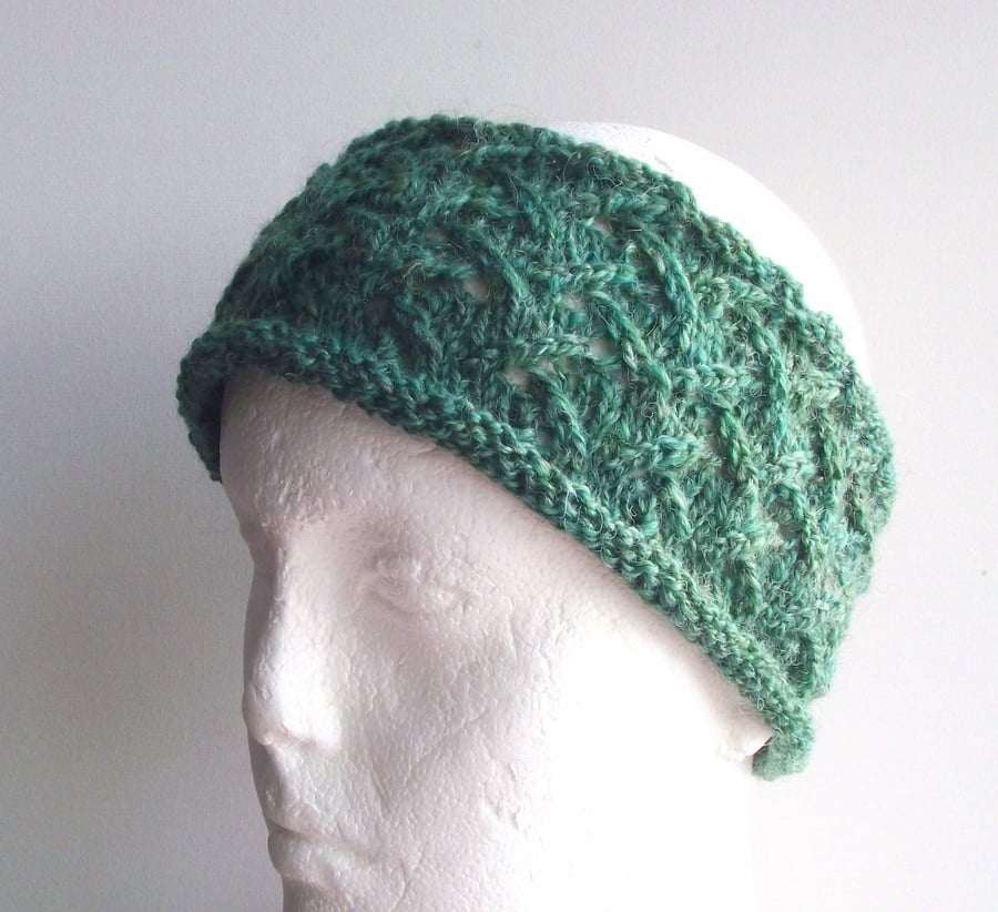 Green Headband, Handspun, Knitted Merino Wool
