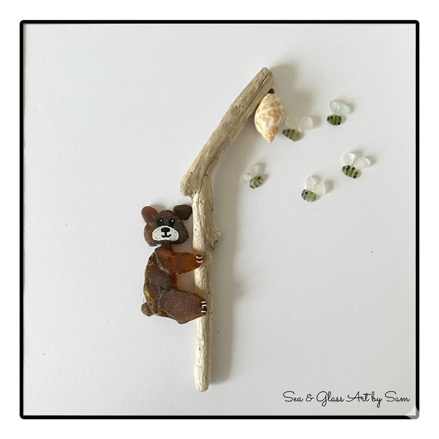 Handmade Sea Glass 'Skinny Bear' Picture - Framed 8x8 Woodland Animal