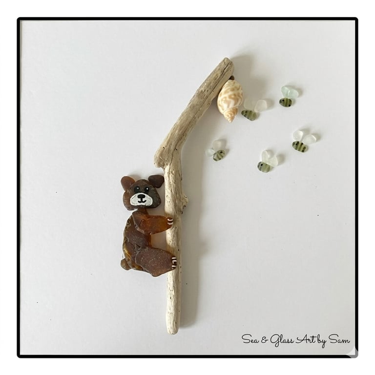 Handmade Sea Glass 'Skinny Bear' Picture - Framed 8x8 Woodland Animal