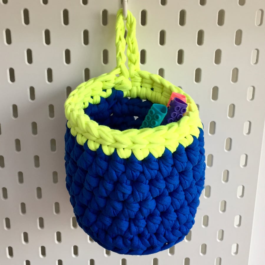 Small crochet hanging basket, pegboard basket - blue and neon yellow