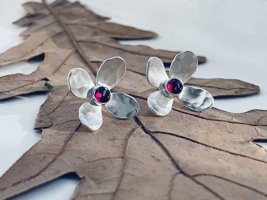 Recycled Handmade Sterling Silver Garnet Flower Stud earrings