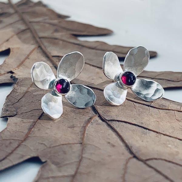Recycled Handmade Sterling Silver Garnet Flower Stud earrings