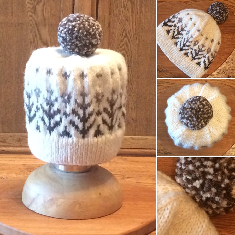 Luxury Pure Wool Fair Isle Beanie with med close-cut Pom Pom