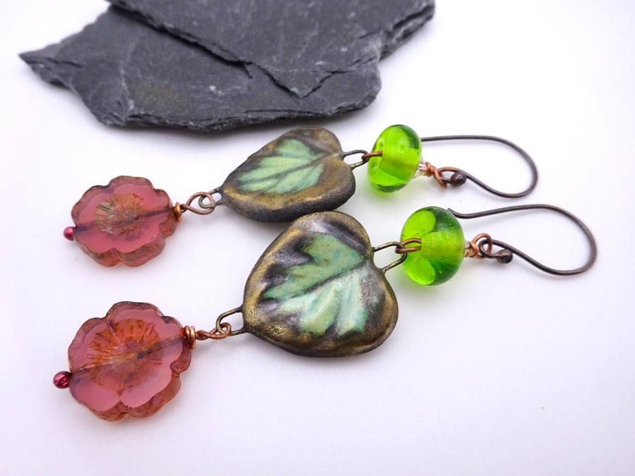 pink flower and green leaf earrings
