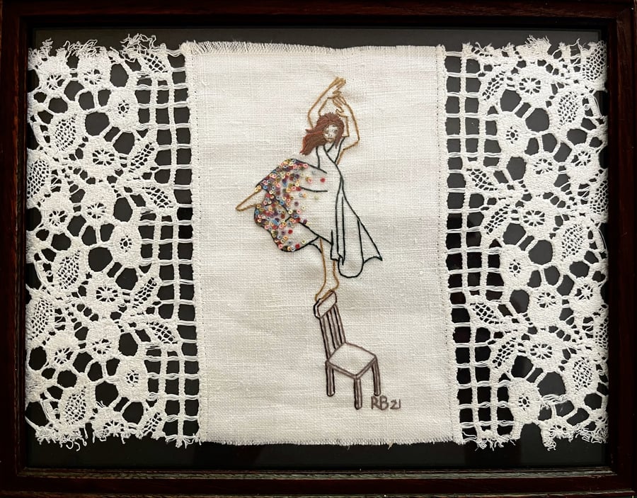 'On the Edge' - Hand stitched embroidery art on vintage fabric