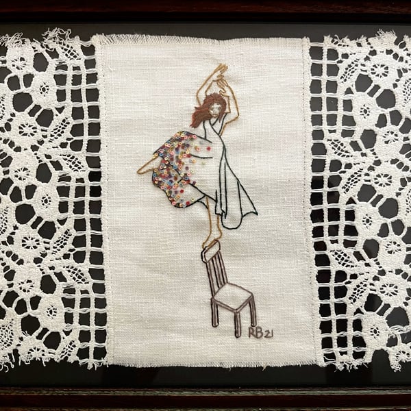 'On the Edge' - Hand stitched embroidery art on vintage fabric