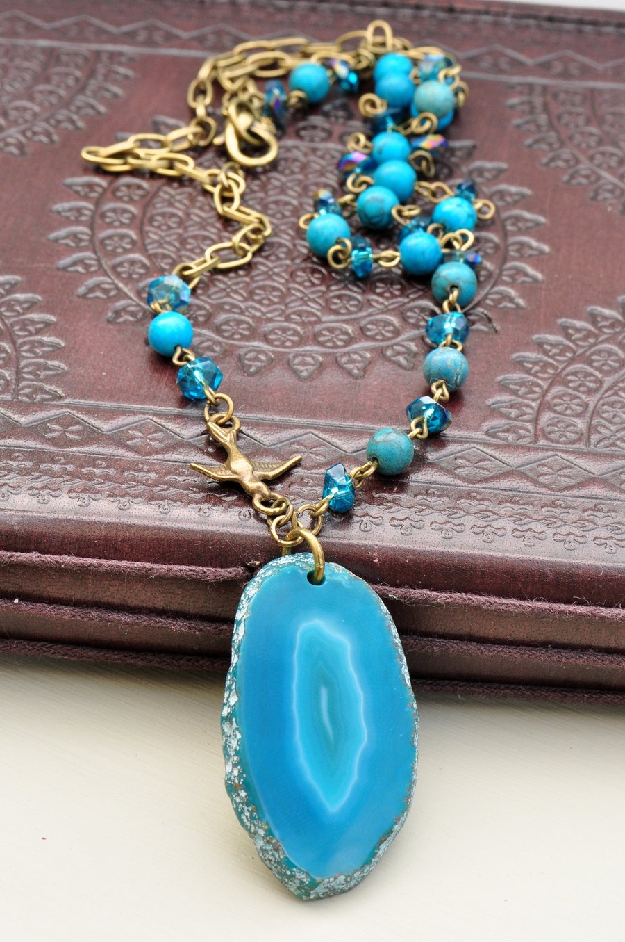 A Slice of Heaven Turquoise Agate Slice Pendant Necklace with Turquoise Beads
