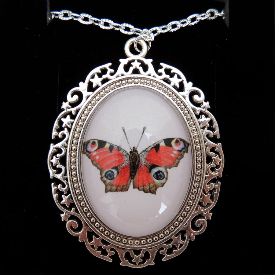 Peacock Butterfly Pendant Necklace - Fancy Silver Style