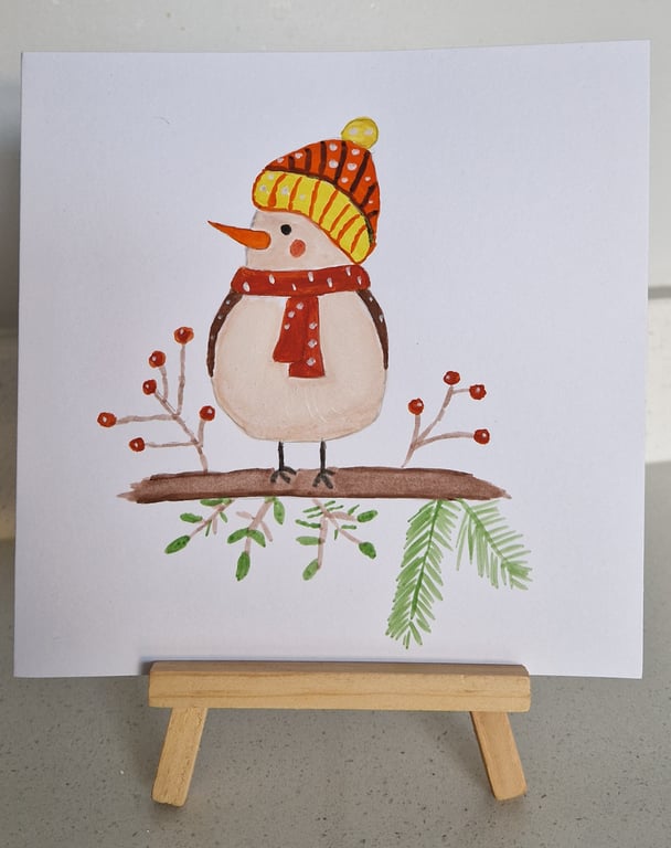 Cute robin wearing hat & scarf Christmas card watercolours 