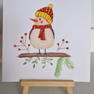 Cute robin wearing hat & scarf Christmas card watercolours 