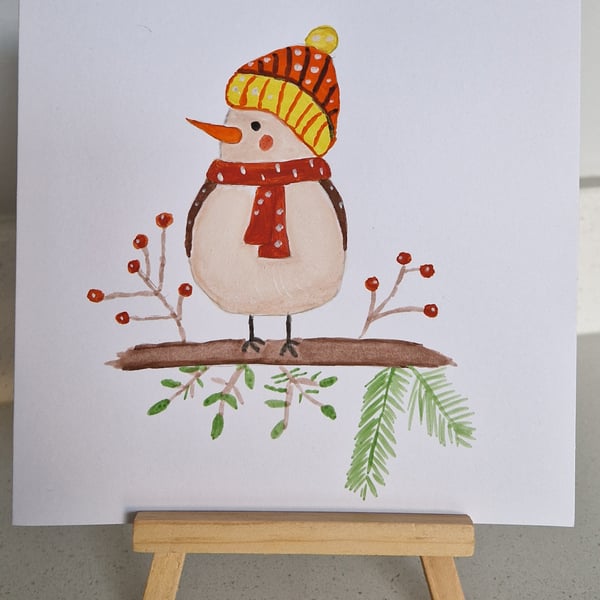 Cute robin wearing hat & scarf Christmas card watercolours 