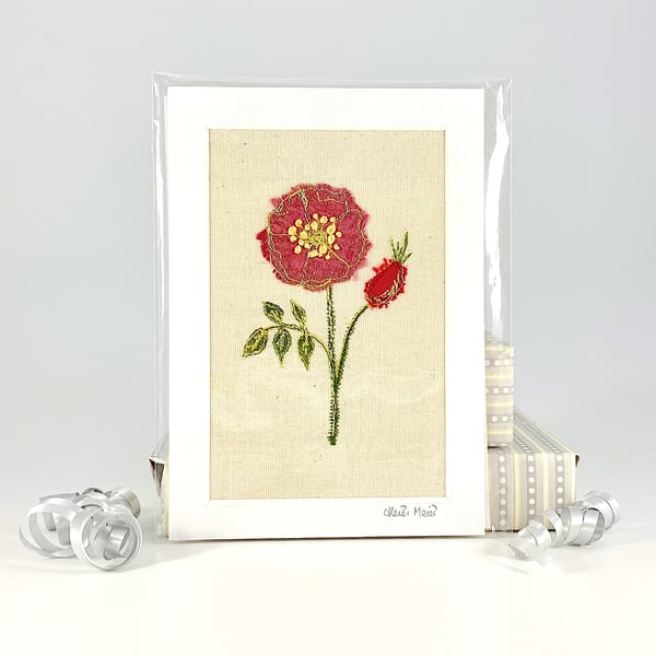 Pink dog rose textile artwork - unframed embroidery flower floral rose art