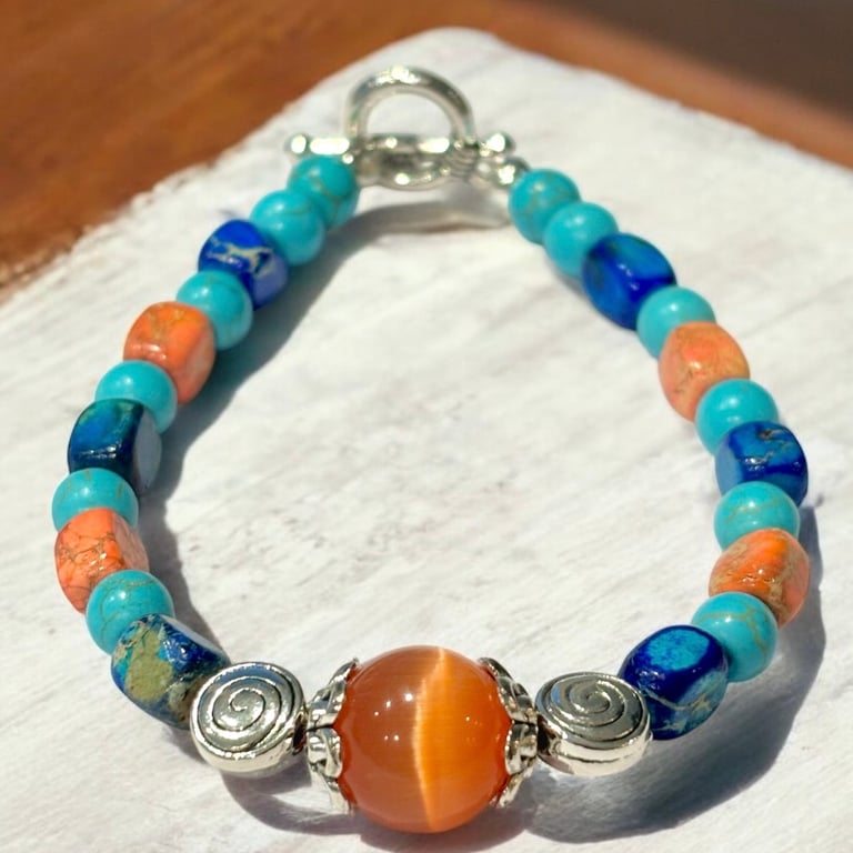 Vibrant Turquoise and Orange  Bracelet, one of a kind, 