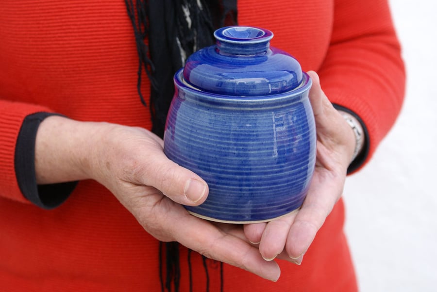 Lidded sugar jar - handmade stoneware kitchen canister glazed in ocean blue