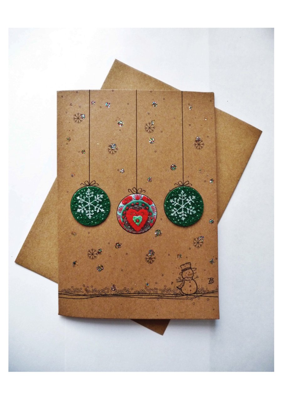 Christmas card with baubles featured with my handmade felt brooch design print