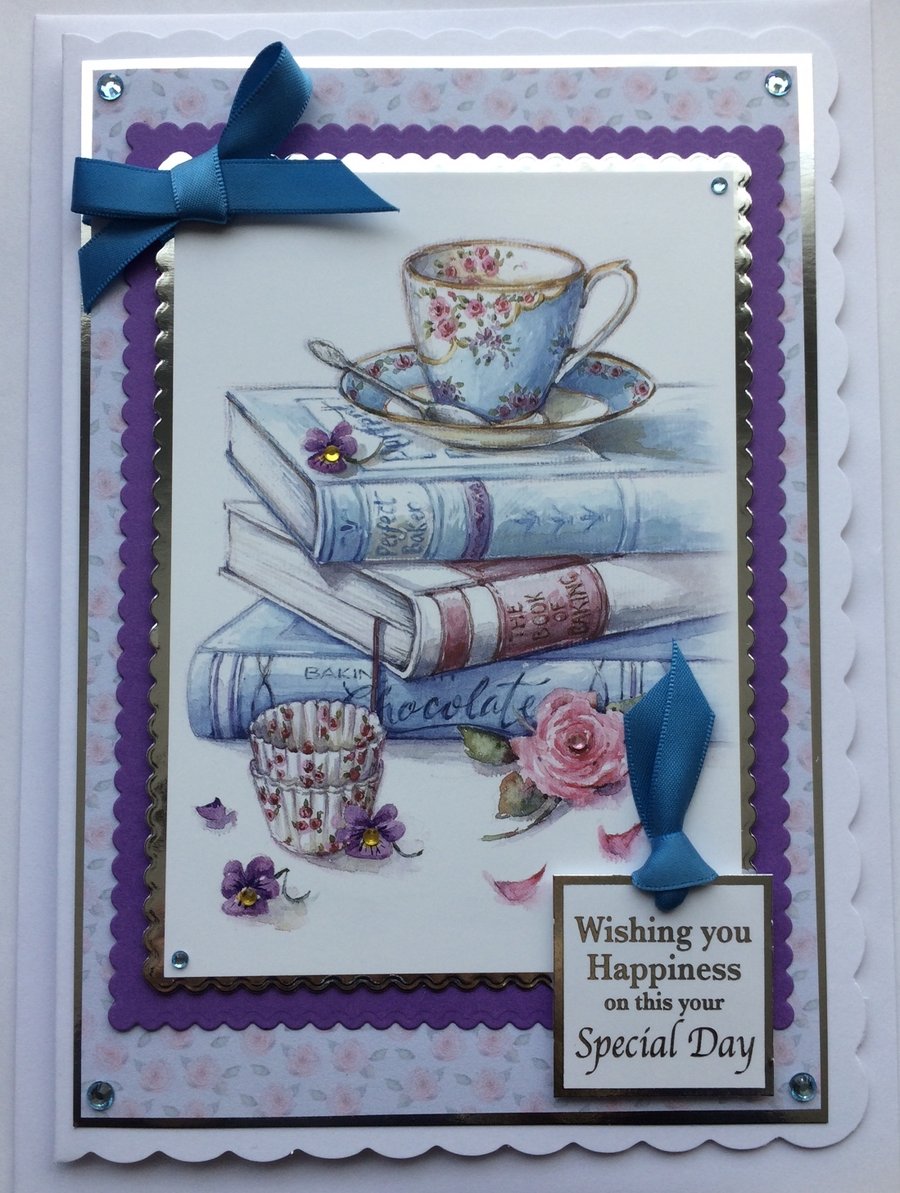 Tea Chocolate Books Card Blue Wishing You Happiness Floral Tea Cup Baking