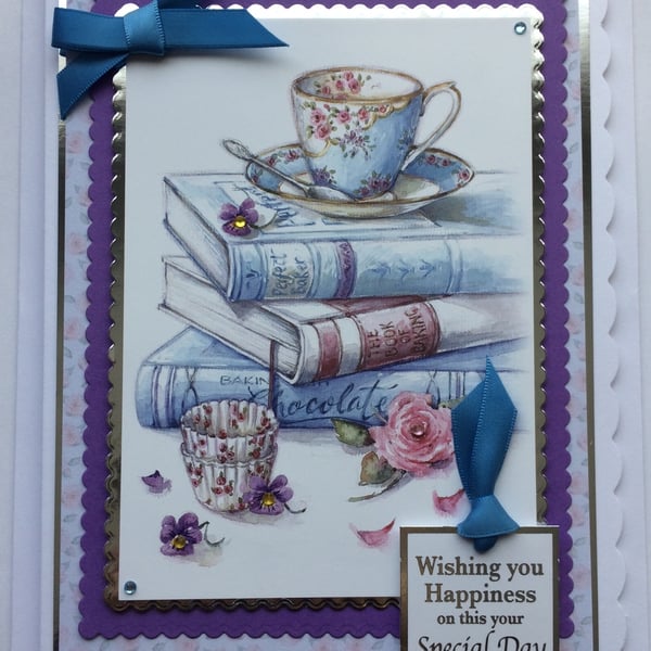 Tea Chocolate Books Card Blue Wishing You Happiness Floral Tea Cup Baking