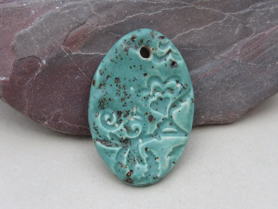 Large Eggshell Blue Brocade Ceramic Pendant
