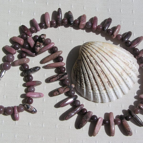 Rhodonite & Purple Aventurine Gemstone Statement Tribal Beaded Necklace