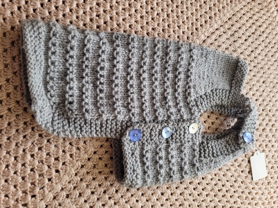 Dungarees style,  dog coat  in crey with shell buttons 