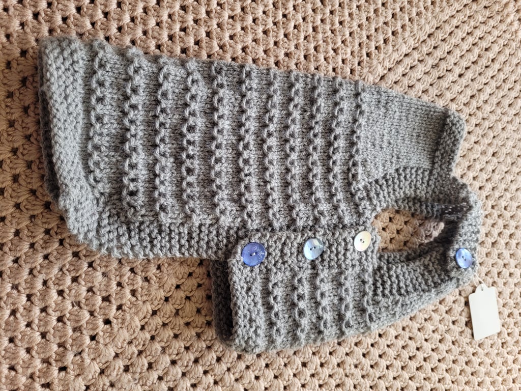 Dungarees style,  dog coat  in crey with shell buttons 