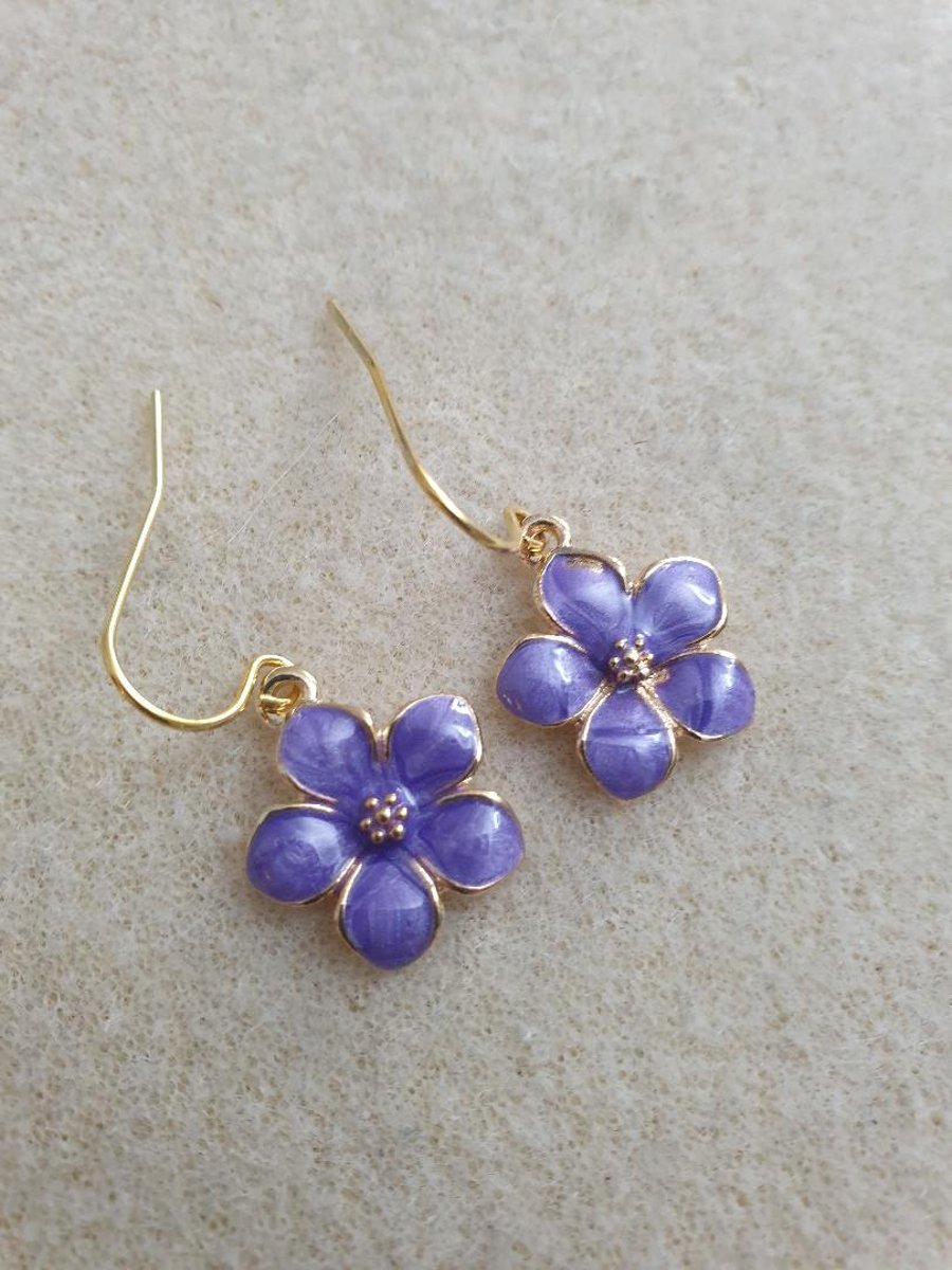SALE purple earrings gold plated floral enameled flower charms boho dangle drop 