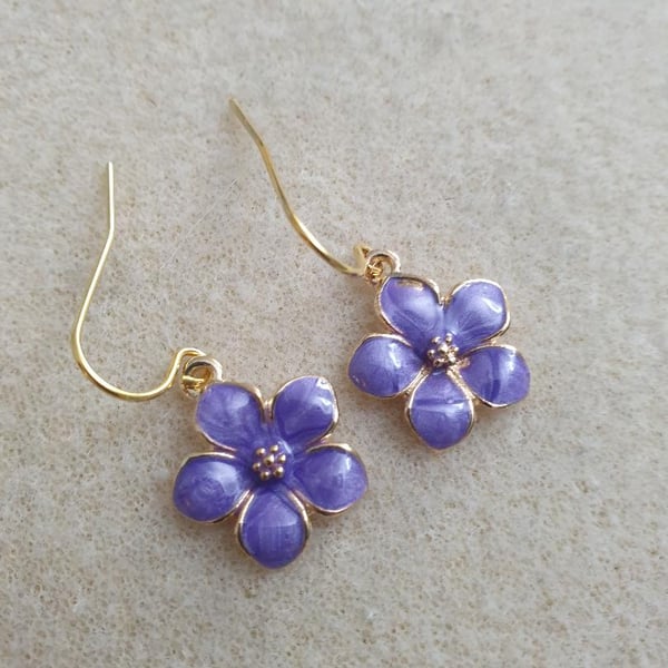  purple earrings gold plated floral enameled flower charms boho dangle drop 