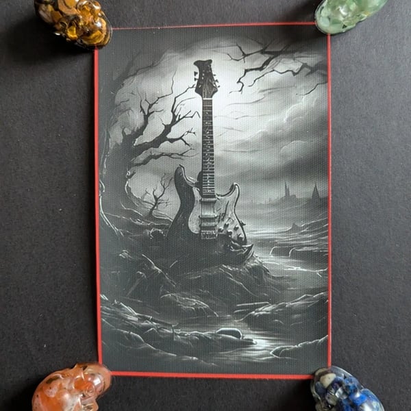 Gothic Guitar Unframed Canvas Print – Dark Landscape Miniature Art – Synthetic C