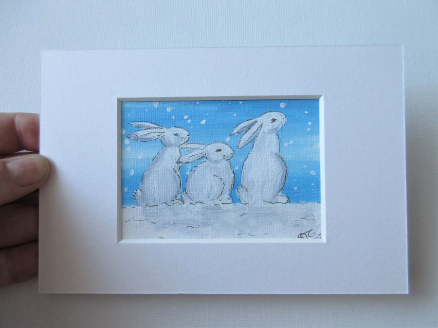 ACEO Snow Bunny Miniature Painting Winter Rabbit Scene in Blue and White Mounted