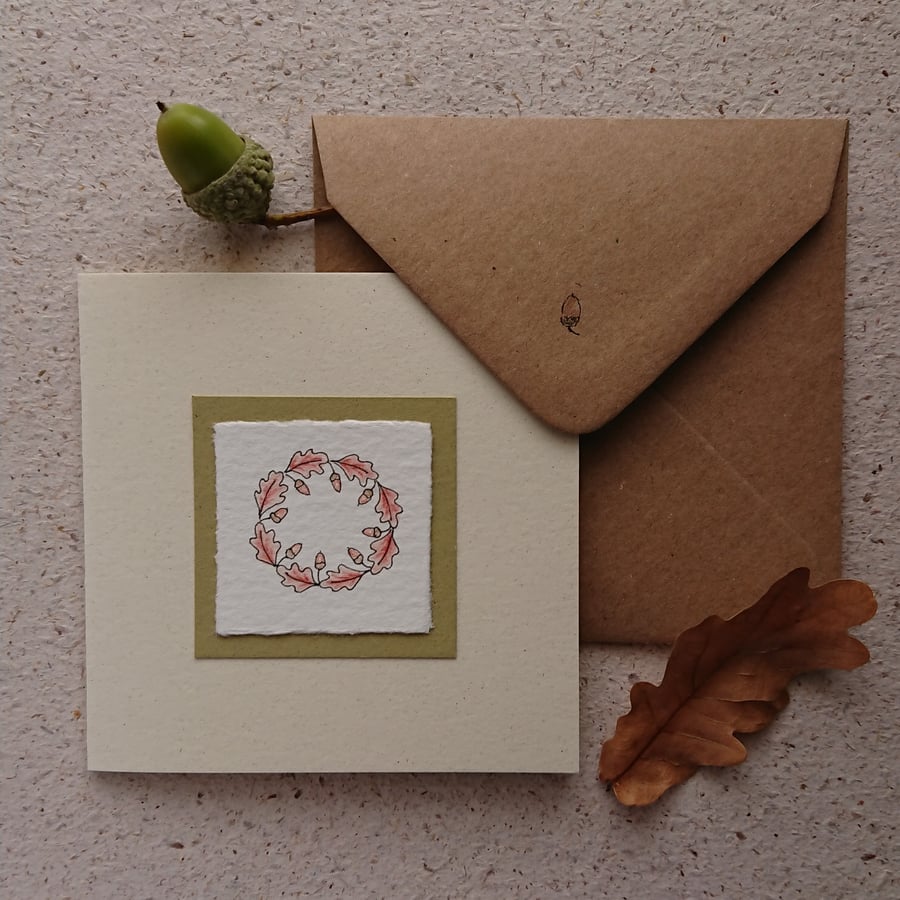 Autumn card - oak leaf acorn wreath - hand painted - blank inside - eco friendly
