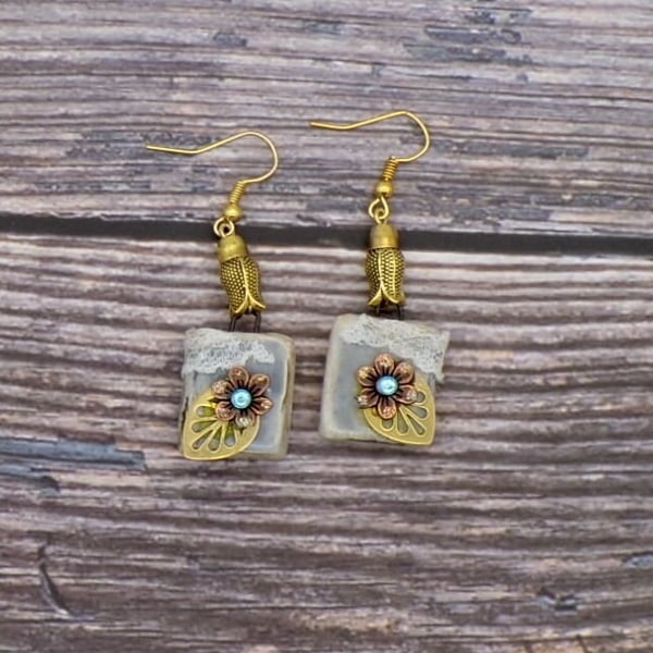 Artisan Ceramic Dangle Earrings- Flowers And Lace- Golden Tulips- Golden Ear Wir