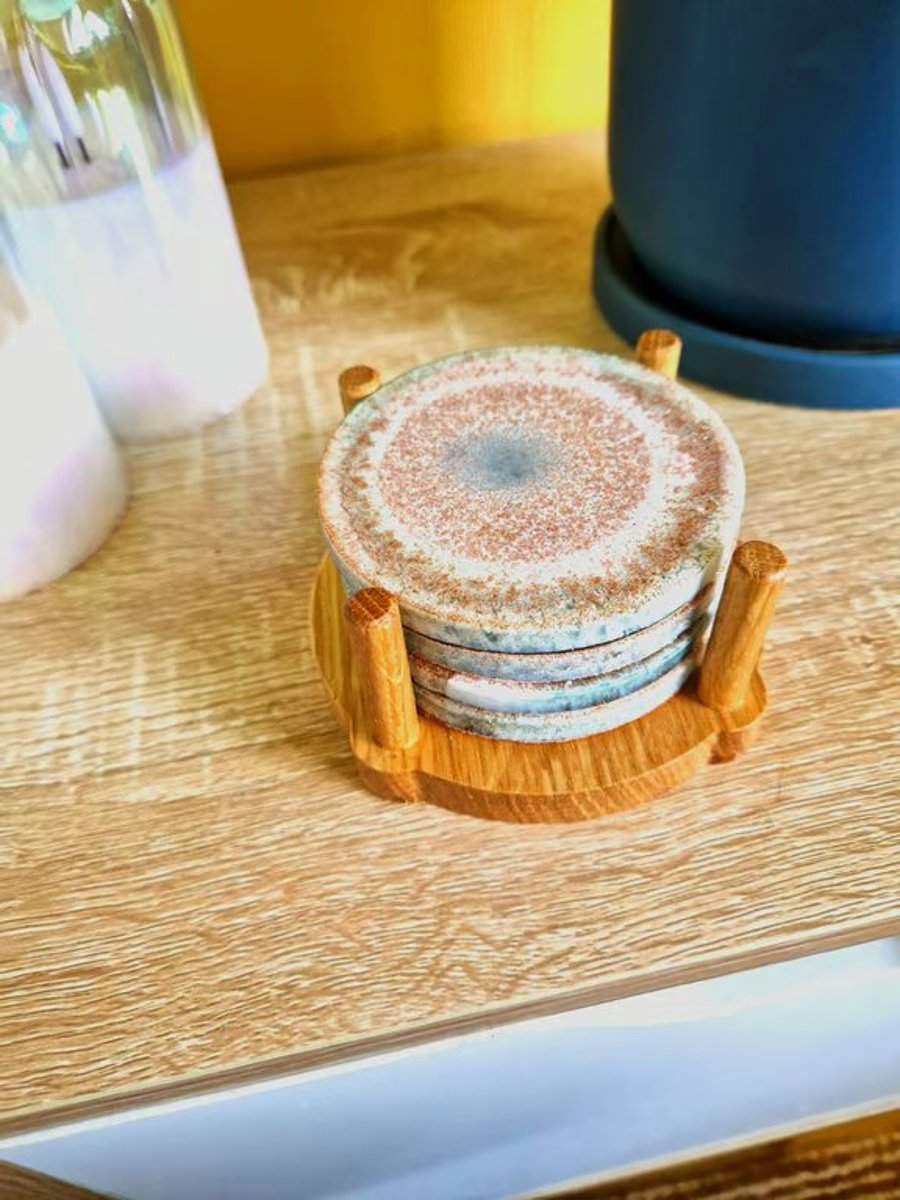 Resin Art set of 4 coasters with Oak holder