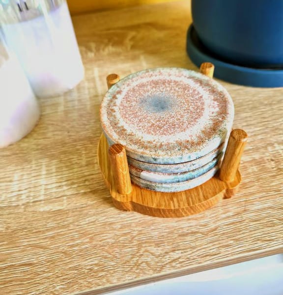 Resin Art set of 4 coasters with Oak holder