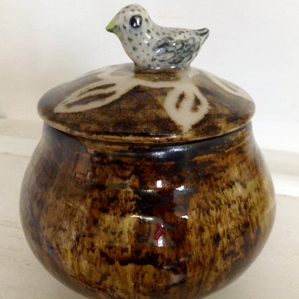 Jar with lid and bird