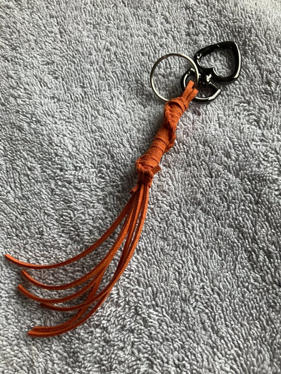 Orange-Rust Suede Keyring - Bag Charm w Gunmetal coloured Heart-shaped Carabiner