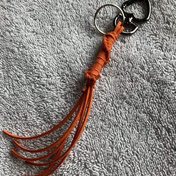 Orange-Rust Suede Keyring - Bag Charm w Gunmetal coloured Heart-shaped Carabiner