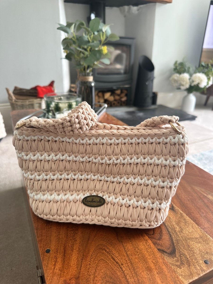 Cream and Natural Striped Small Tote