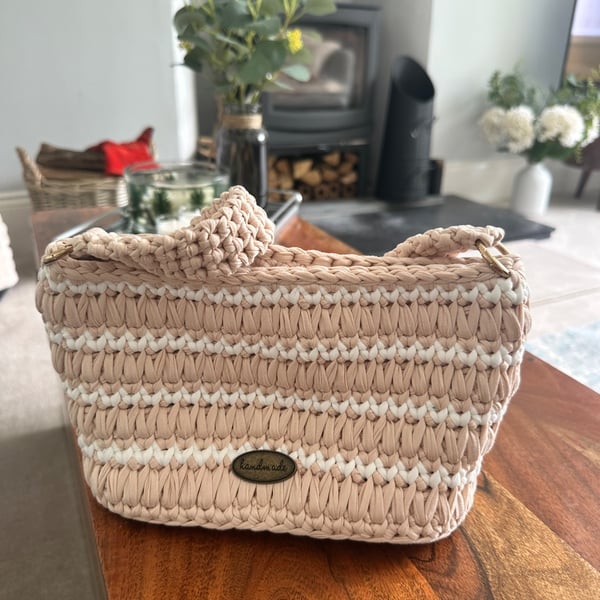Cream and Natural Striped Small Tote